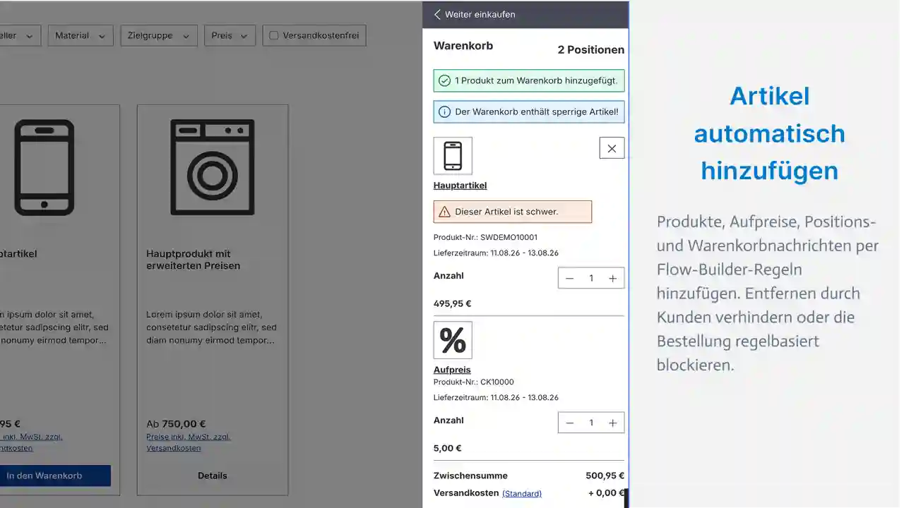 Warenkorb mit automatisch hinzugefügtem Zuschlag und Positionsnachricht
