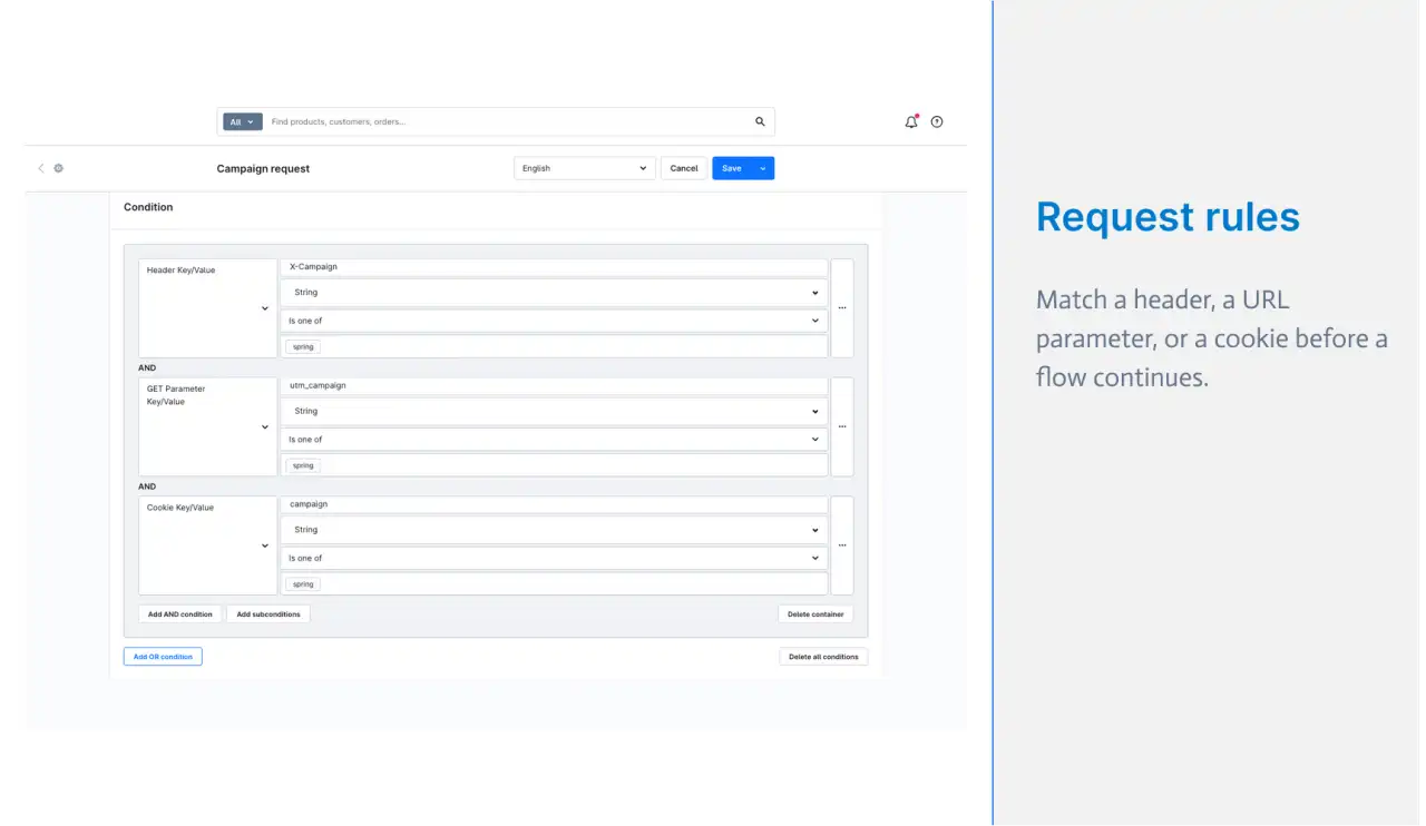 Request context rules for headers, GET parameters, and cookies